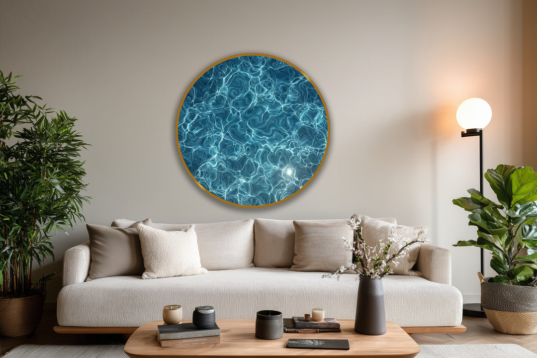 Swirling patterns capture the sense of continuous motion in this azure current luminous water texture round oil painting, a vibrant example of oil painting wall art.