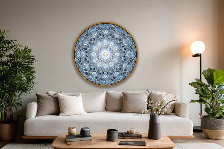 Visual rhythm is achieved in this round blue mandala oil painting through the balanced arrangement of geometric patterns, making it a standout among oil painting art prints.