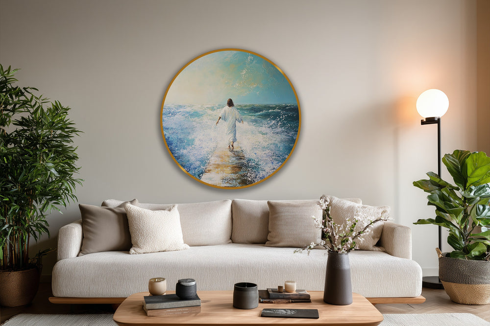 Depth and layers are masterfully captured in this modern oil painting art showcasing a figure on a watery path, creating a textured round wall art illusion.