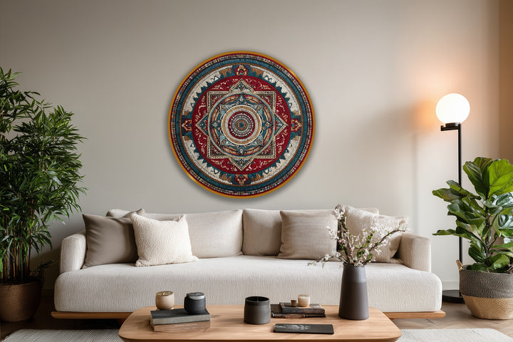 Depicting organic forms, this vibrant mandala showcases intricate details and rich colors, an ornate geometric round oil painting decoration with a classical essence.