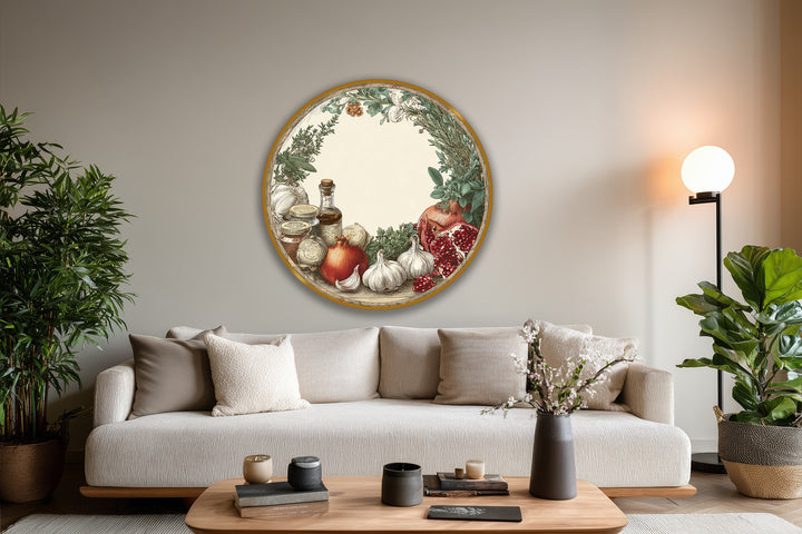 Neutral wall shades provide a backdrop for this rustic kitchen harvest oil painting reproduction print, enhancing the mediterranean still life's warmth.