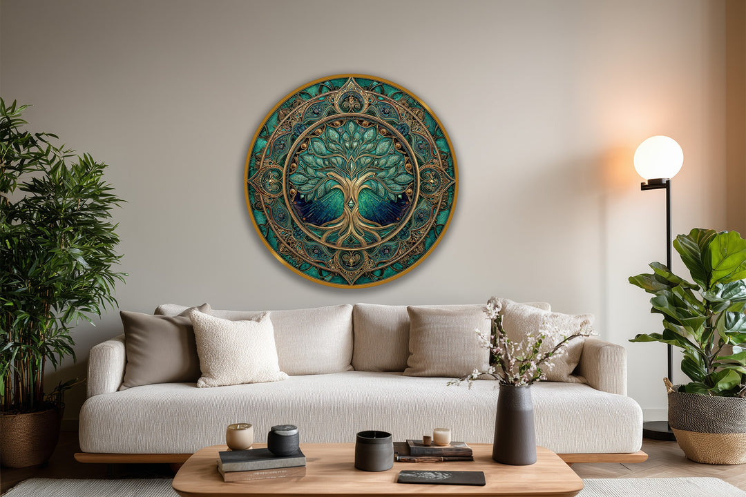 Flowing with swirling details, this modern oil painting art of an emerald tree creates a sense of life and movement in its round wooden form.