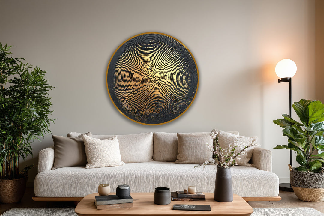 Striking color contrast defines this round wooden oil painting art piece, highlighting the golden pulse abstract design against the dark backdrop.