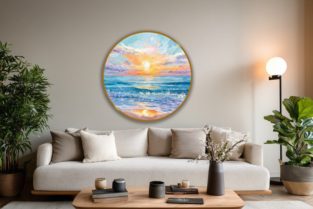 With a glossy finish, the round oil painting art piece captures a golden horizon seaside sunrise, complete with vibrant colours, pastel skies, and gentle waves.