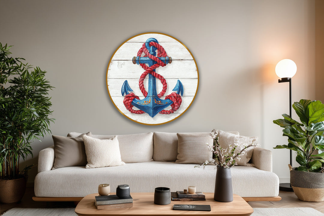 The abstract quality of this nautical anchor with red rope round oil painting captures the coastal mood through symbolic colors and shapes, creating inviting oil painting art prints.