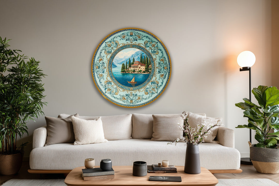 The ornate finish of this Mediterranean villa by the lake round oil painting art piece is accentuated by its decorative border and turquoise waters.