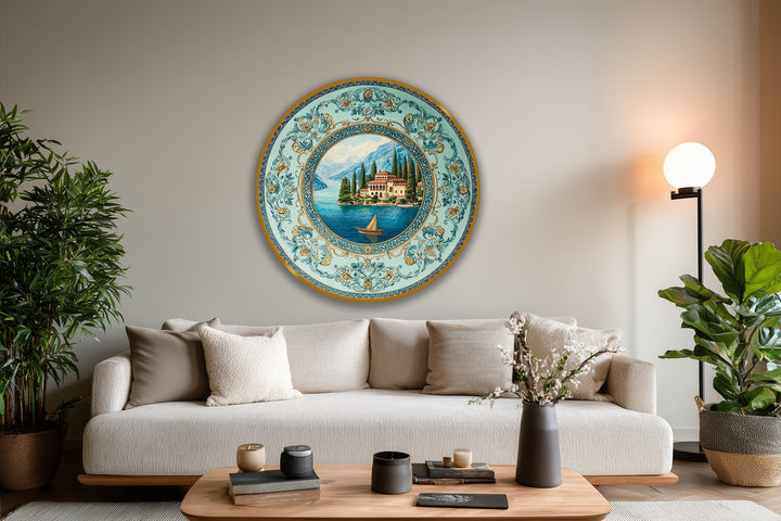 The ornate finish of this Mediterranean villa by the lake round oil painting art piece is accentuated by its decorative border and turquoise waters.