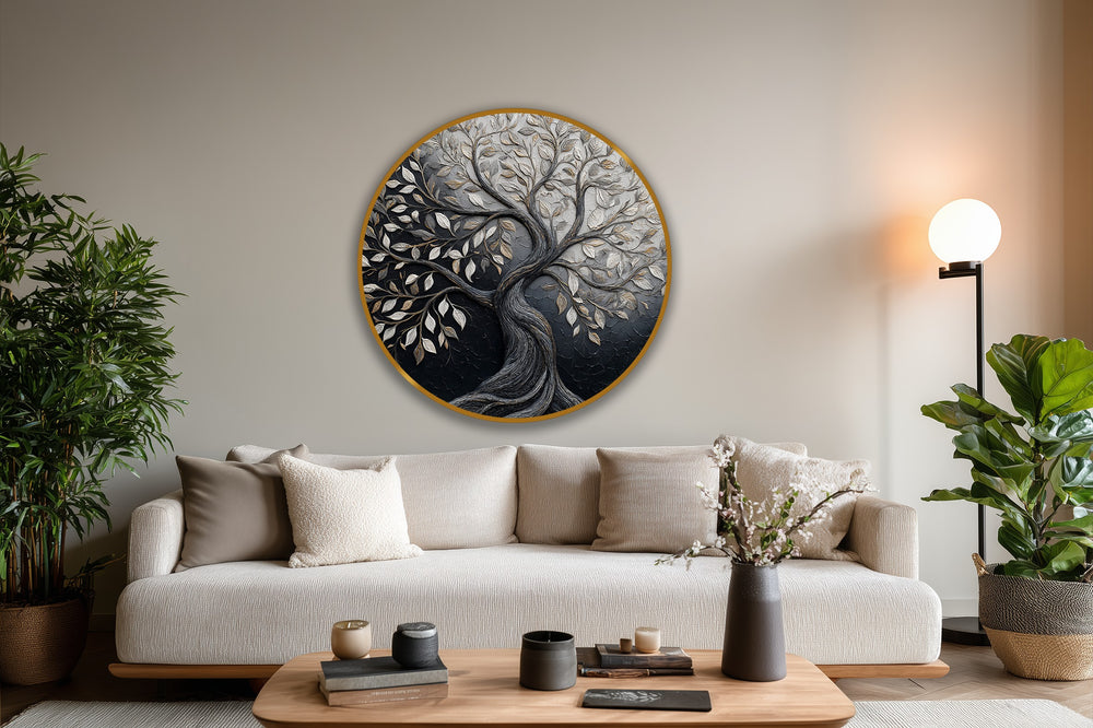 Geometric patterns define the round oil painting art piece, showcasing a tree of life with contrasting silver and charcoal leaves within its circular frame.