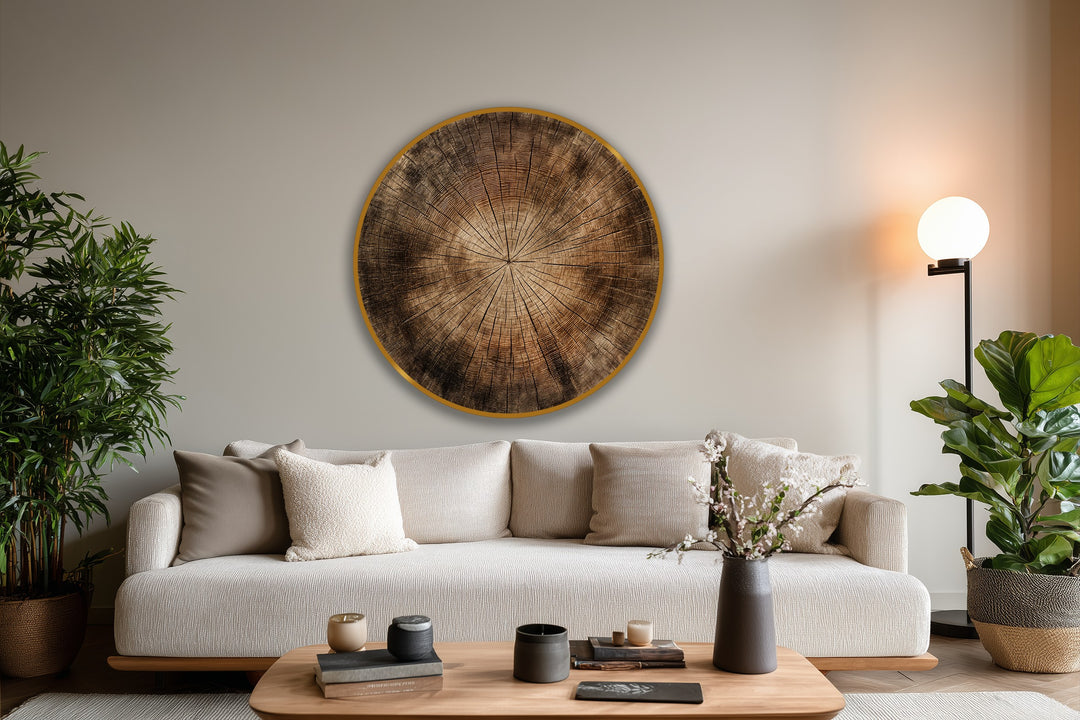 Rustic round oil painting showcasing a natural wood grain texture is the loudest element with distinctive tree rings, demonstrating fine oil painting art prints.