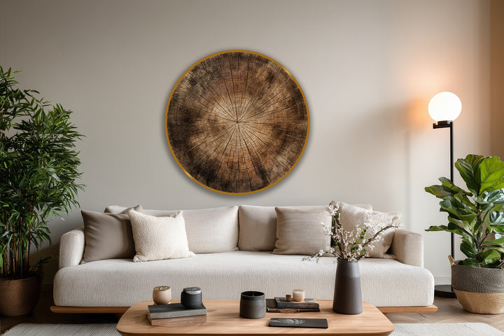 Rustic round oil painting showcasing a natural wood grain texture is the loudest element with distinctive tree rings, demonstrating fine oil painting art prints.