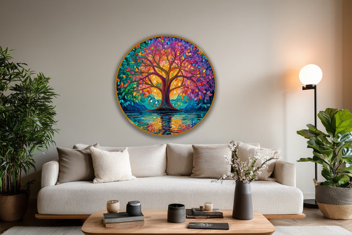 Stillness captures the serene reflection of the radiant spectrum tree, a vibrant abstract round oil painting bringing a tranquil artistic focus through classical oil painting wall art.