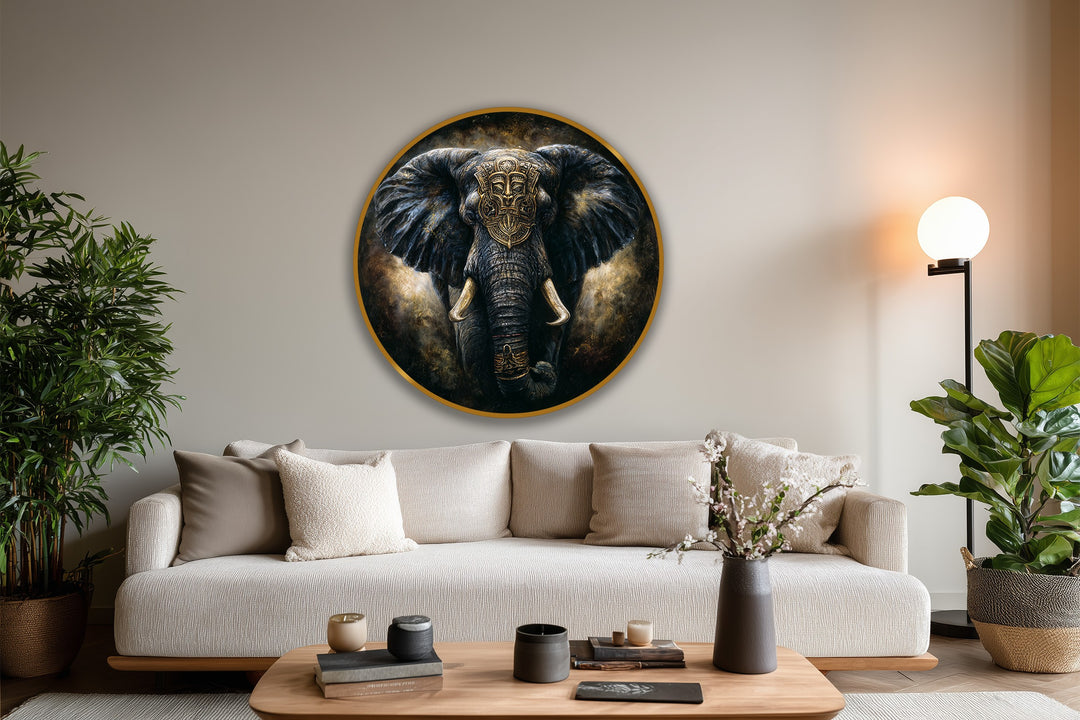 Exhibiting the abstract quality, this round oil painting art piece depicts a dark, majestic elephant with golden tribal adornments, creating a powerful and symbolic wall decor.