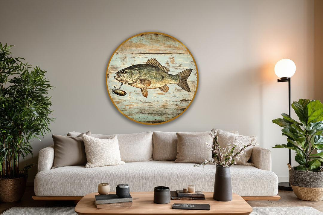 Visual rhythm created by the circular shape and horizontal wood grain of the Rustic Catch vintage bass fish round oil painting reproduction print, adding subtle motion.