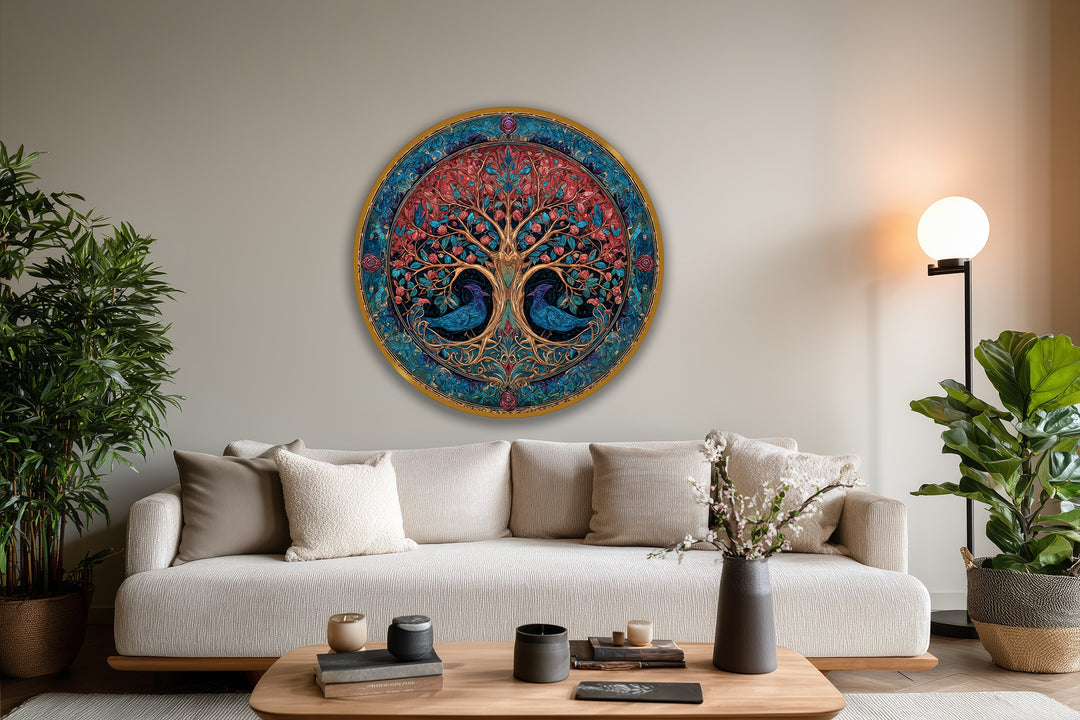 Highlighting the abstract quality, this ornate round oil painting reproduction print features a vibrant tree of life design with symmetrical birds and intricate details.