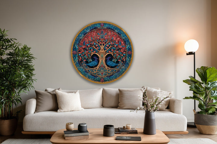 Highlighting the abstract quality, this ornate round oil painting reproduction print features a vibrant tree of life design with symmetrical birds and intricate details.