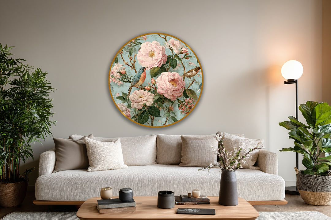 Gentle curves and blooms characterize this round oil painting art prints piece, portraying a blossoming garden with songbirds in soft, organic formations.
