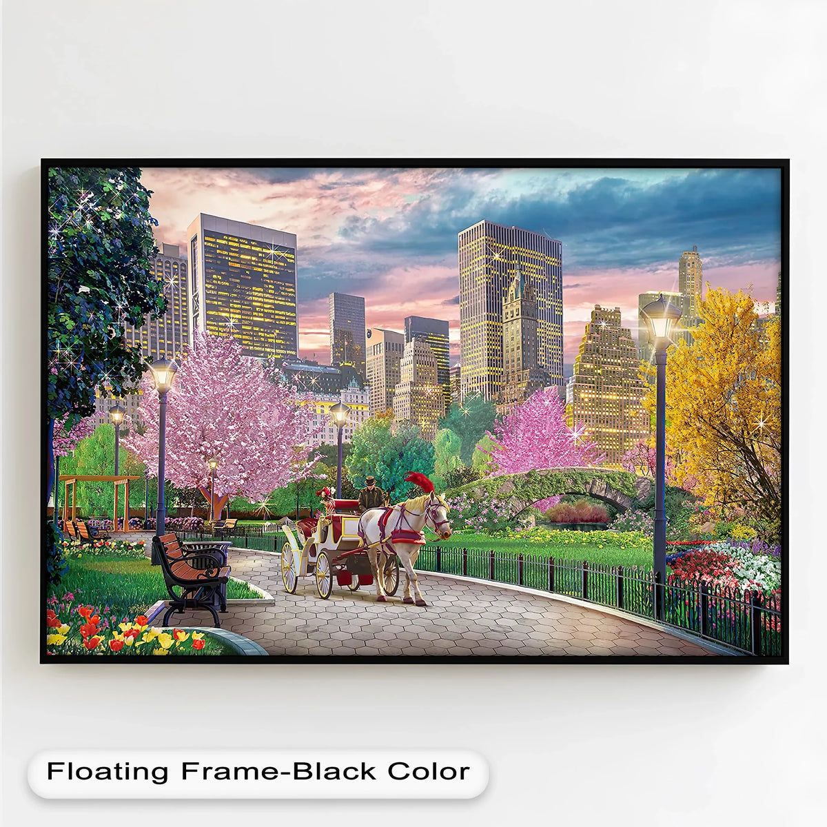 Foreground benches and colorful tulips frame a romantic carriage ride depicted in this elegant urban oil painting art piece set against a sparkling city backdrop.