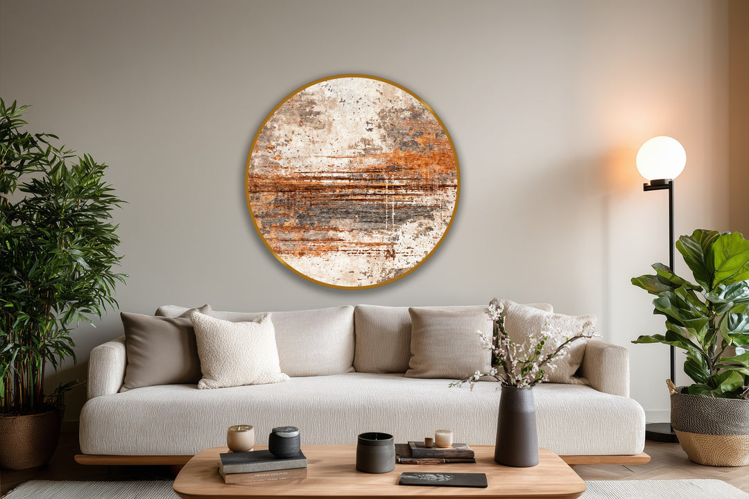 Cool color temperatures contrast against the warm rust hues in this earthy abstract round oil painting art piece, creating a balanced visual effect.