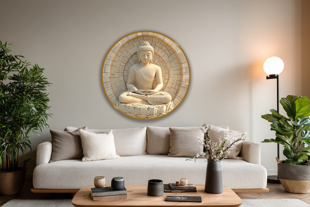 Grounded by its deepest shadows, this ivory stone Buddha round oil painting artwork radiates peace above a couch, casting light into the room.