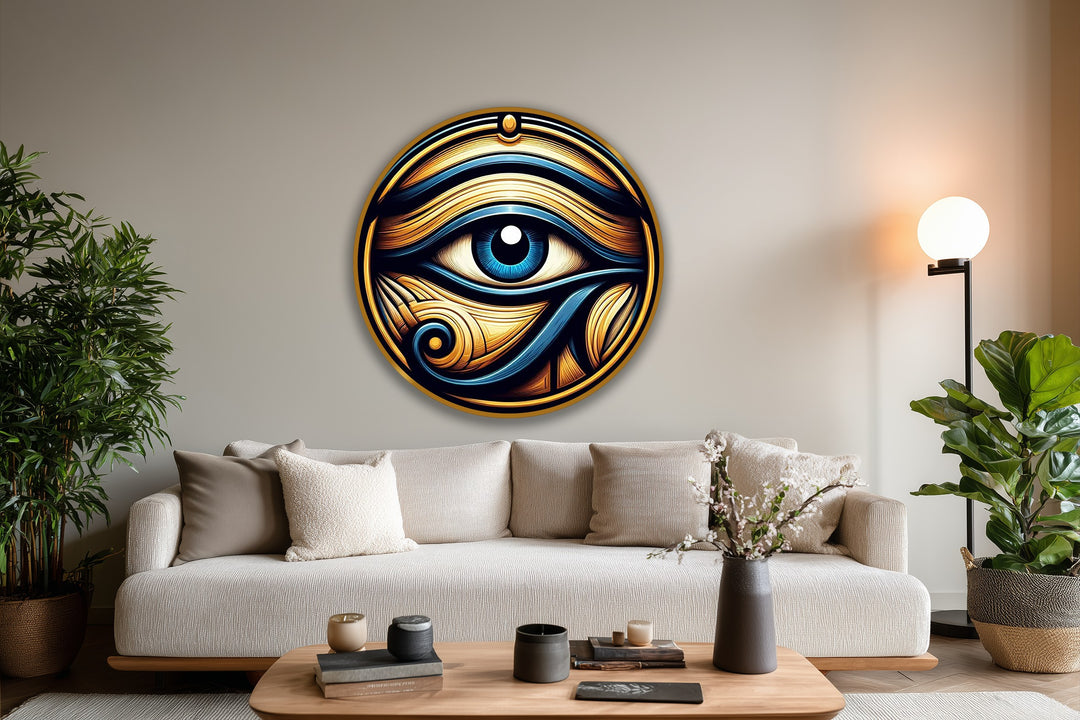 Striking blue and gold Eye of Horus is the loudest element in this unique oil painting art prints, a round mystic guardian for a distinctive Egyptian wall art piece.
