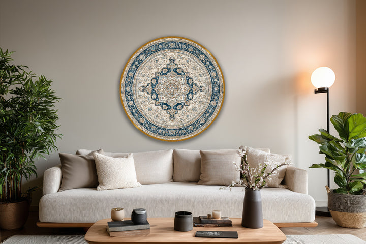 A serene mood emanates from the navy, ivory, and gold vintage Persian mandala round oil painting artwork, adding a touch of imperial elegance to the neutral space.