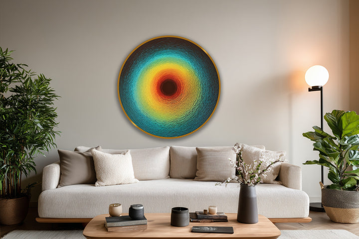 Intense color saturation radiates from the center of this abstract round oil painting art piece, with concentric hues of red, yellow, and turquoise.