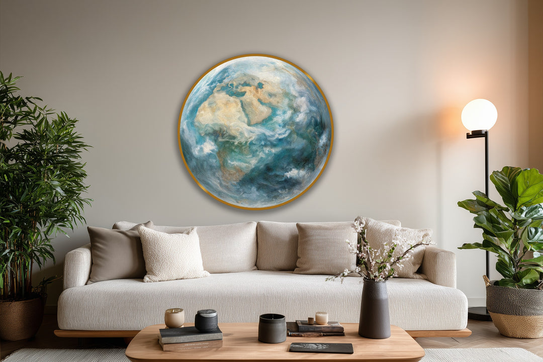 Illuminated by a warm glow, the brightest area highlights the atmospheric globe, a round oil painting artwork depicting the Earth with swirling ocean tones.