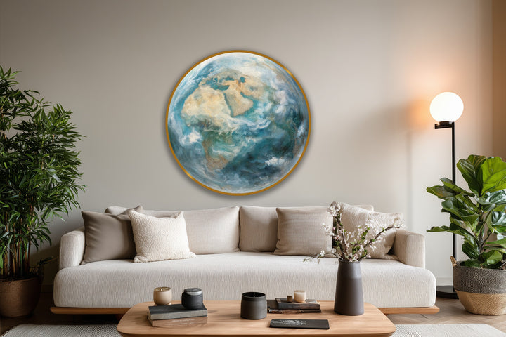 Illuminated by a warm glow, the brightest area highlights the atmospheric globe, a round oil painting artwork depicting the Earth with swirling ocean tones.
