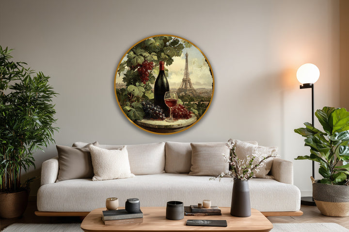 Brushed strokes convey the swirling energy of the vineyard scene in this round oil painting, a piece of unique oil painting home decor featuring a wine bottle, grapes, and the Eiffel Tower.