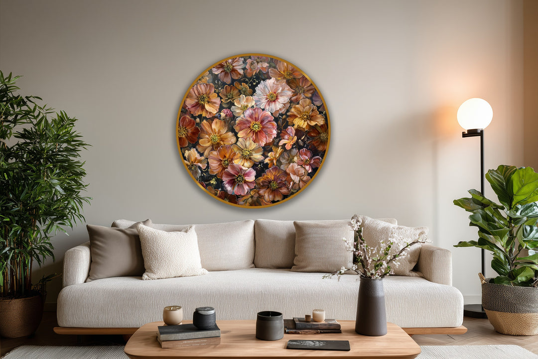 Celebrating the organic forms of an Autumn Bloom Symphony floral round oil painting with a symphony of richly pigmented blooms, perfect for contemporary oil painting home decor.