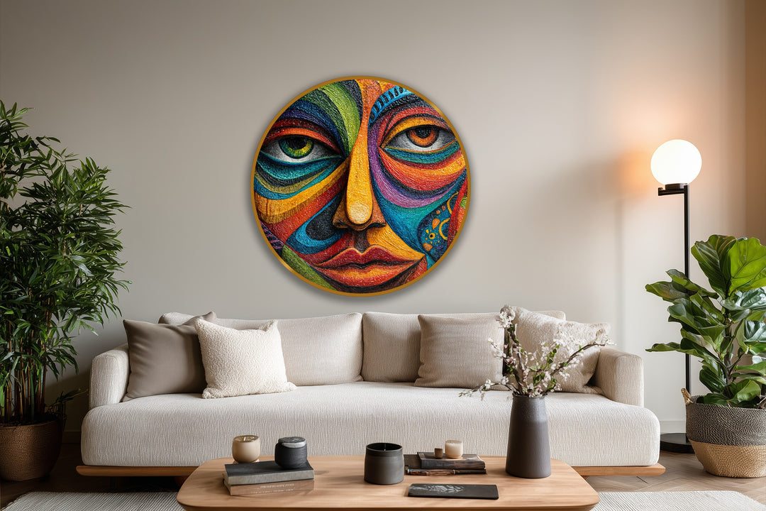 Intriguing, the mood conveyed is a vibrant, almost tribal spirit, shown in the colorful expressionist round oil painting reproduction print of a mosaic face.