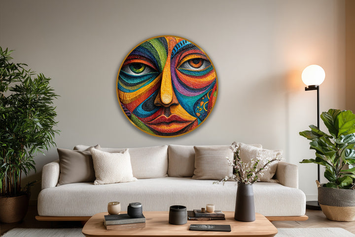 Intriguing, the mood conveyed is a vibrant, almost tribal spirit, shown in the colorful expressionist round oil painting reproduction print of a mosaic face.