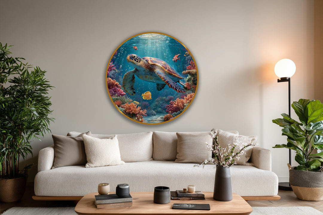 Une gracieuse tortue marine parmi les récifs coralliens ronds Tableau Peinture à l’huile