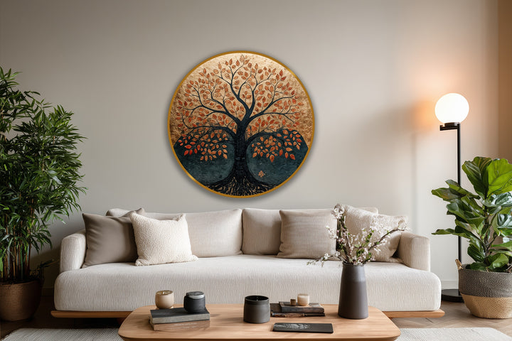 Curving branches and scattered, auburn leaves express the organic forms of this Eternal Roots modern oil painting art of an autumn tree.