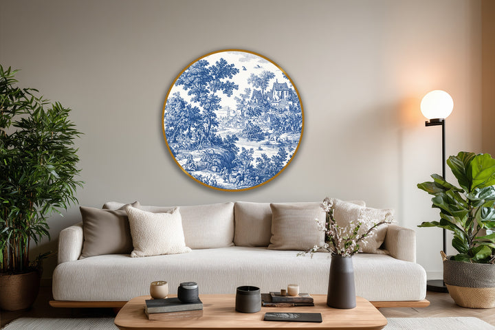 Evoking an abstract quality, the classic blue toile countryside round oil painting art prints offer a swirling, dreamy depiction of a pastoral village scene.
