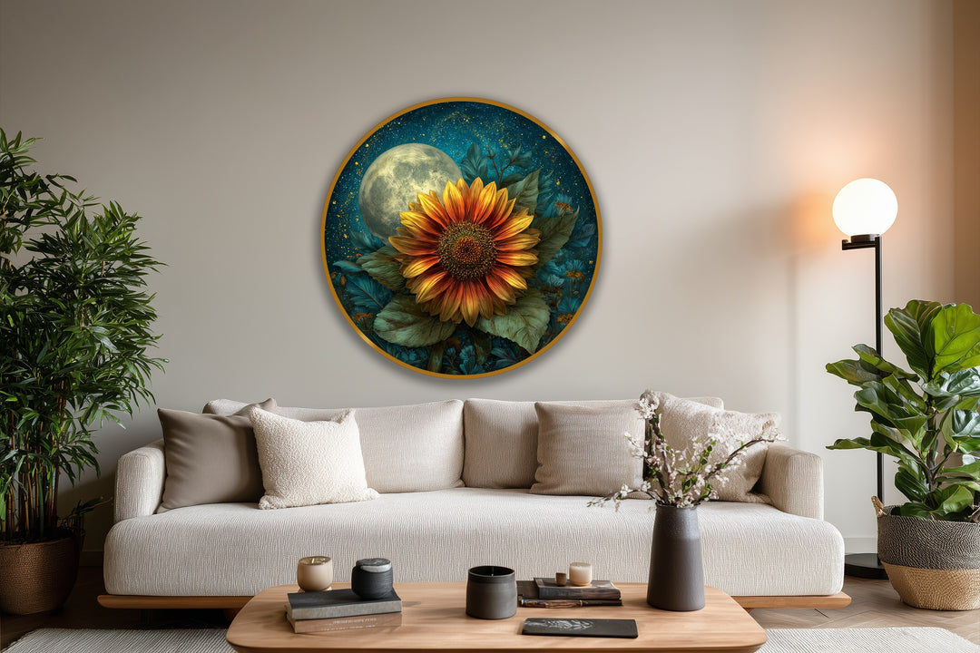 Vivid color contrast highlights the glowing moonlit sunflower in this round oil painting reproduction print, framed by a deep teal background dotted with golden accents.