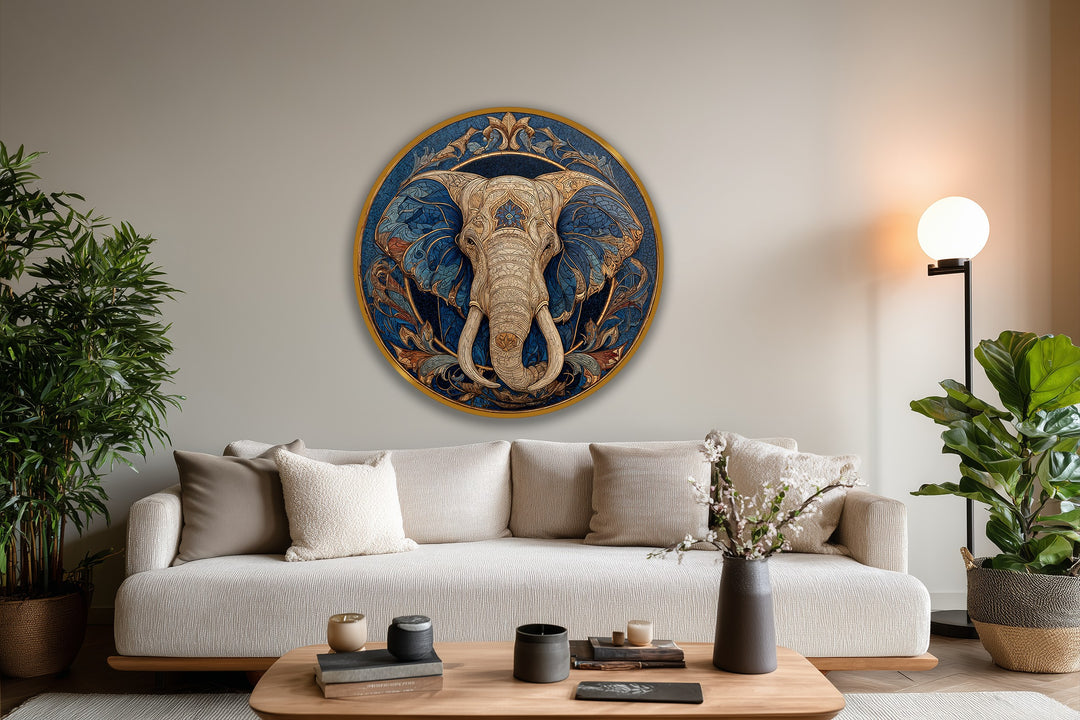 With a detailed finish, this ornamental elephant round shows exquisite modern oil painting art in a majestic guardian piece.