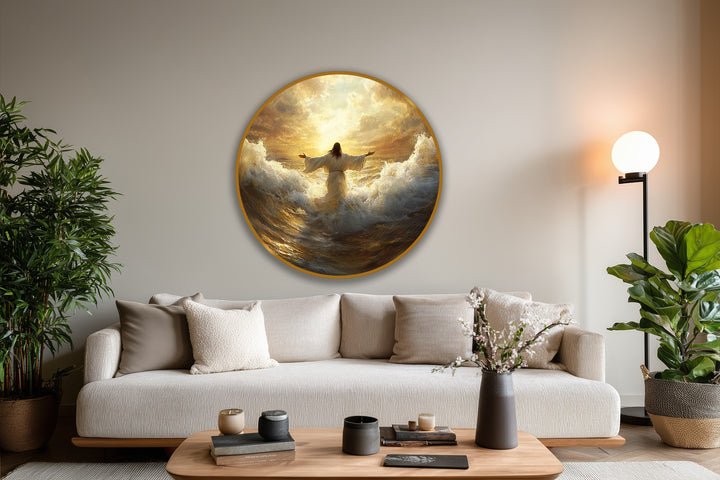 Framed by a gilded edge, the golden sunrise over the sea oil painting decoration showcases radiant faith within its circular border.