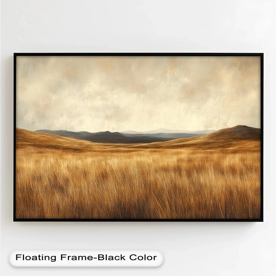 Warm color temperature emanates from this landscape oil painting, a modern oil painting art piece depicting a golden prairie horizon under a hazy sky.
