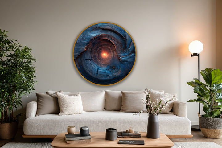 Visual rhythm is created by the spiraling strokes of blue and amber in this celestial core abstract modern oil painting art on wood, drawing the eye to its luminous center.
