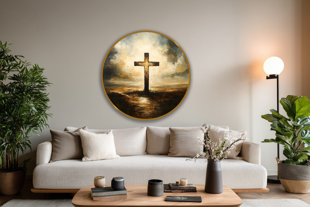 Serene mood emanates from this radiant cross oil painting artwork, casting a divine glow in a circular frame above a neutral sofa setting.