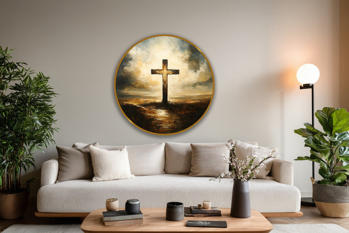 Serene mood emanates from this radiant cross oil painting artwork, casting a divine glow in a circular frame above a neutral sofa setting.