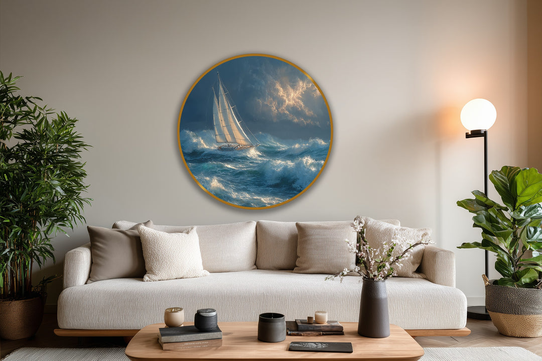 Dramatic sailboat in this modern oil painting art navigates a storm-tossed sea, its white sails illuminated against a backdrop of churning waves.
