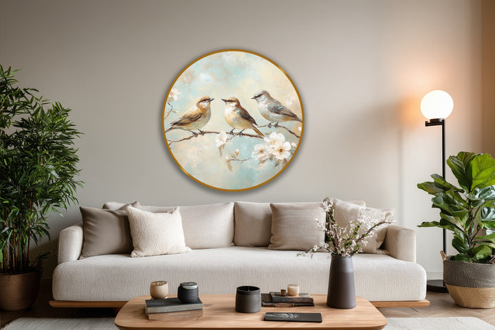 Finished in gold trim, this round Whispering Blossoms oil painting wall art depicts three songbirds perched among delicate flowers, offering a serene oil painting wall art aesthetic.