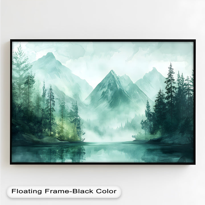 Peaceful landscape painting of forested mountains and calm lake.
