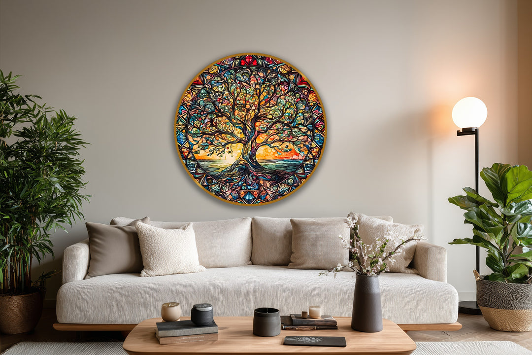 Radiant harmony pulses as the light refracts within this round tree of life, capturing the ebb and flow of growth in this striking oil painting art piece.