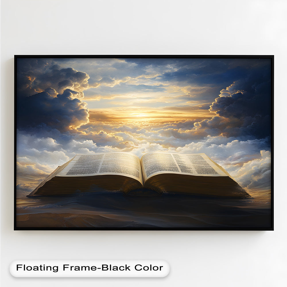 Divine scripture artwork with radiant clouds and sunset.
