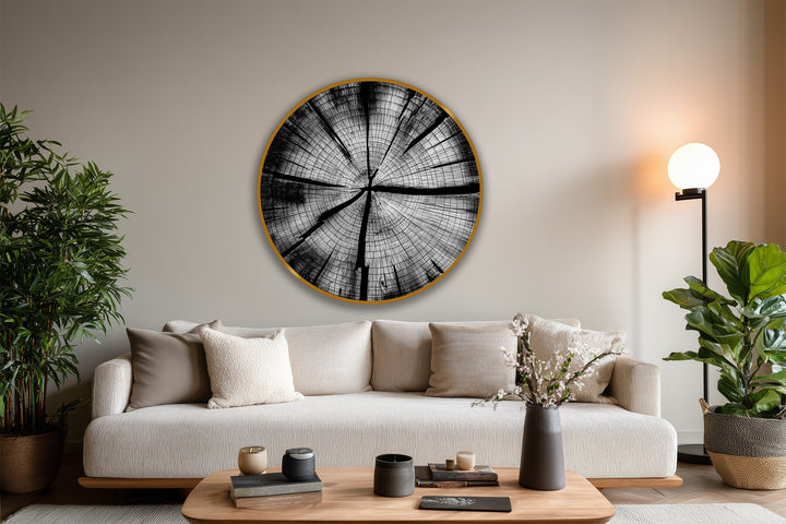 Crafted with meticulous detail, this modern minimalist round oil painting on wood presents monochrome tree rings that highlight the premium material quality of these oil painting art prints.