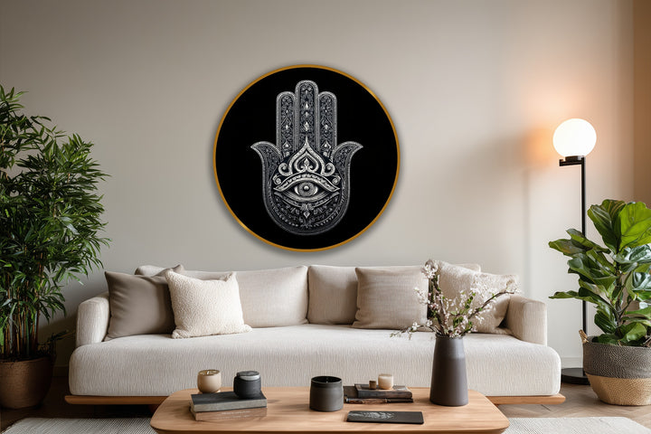 Against the neutral background, the monochrome Hamsa eye from oil painting art prints stands out, enhancing the room's subtle decorative style.