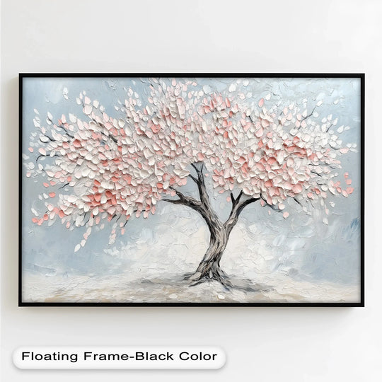 Rectangular blossoming cherry tree framed oil painting reproduction print displays geometric shapes in the textured blossoms and structured tree branches.